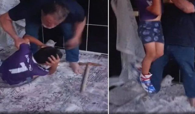 İnfial yaratan görüntü! Savunmasız çocuğu darp etti